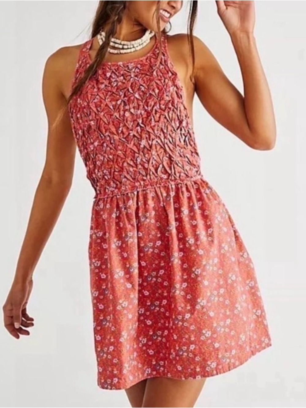 Free People Petunia Floral Backless Boho Smocked Mini Dress Poppy Combo Size L - Picture 2 of 11